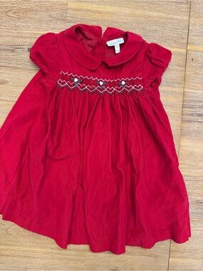 Fantaisie Bebe Festive Red Smocked Corduroy Dress with Peter Pan Collar